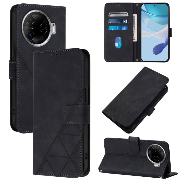 Black leather flip phone wallet case with embossed geometric pattern and card slots