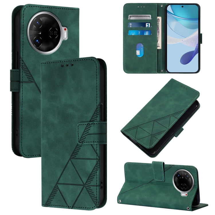 Dark green leather flip phone wallet case with embossed geometric pattern and card slots