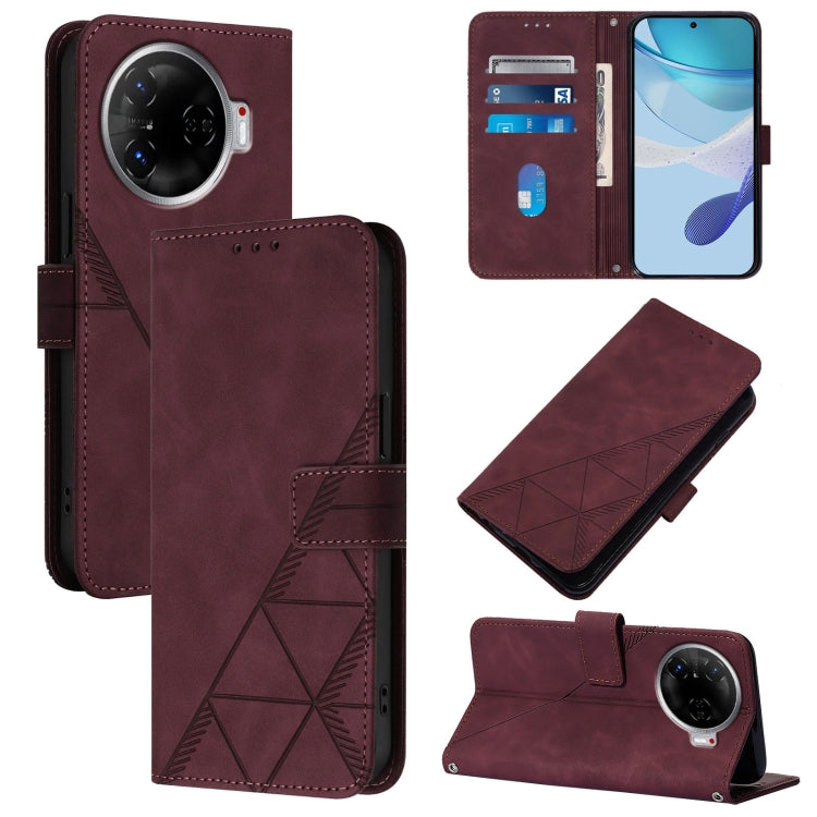 Wine red leather flip phone wallet case with embossed geometric pattern and card slots