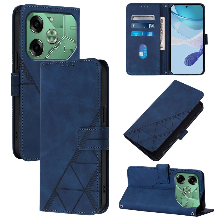 Blue leather flip phone case with 3D embossed pattern, card slots, and stand cover
