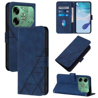 Blue leather flip phone case with 3D embossed pattern, card slots, and stand cover