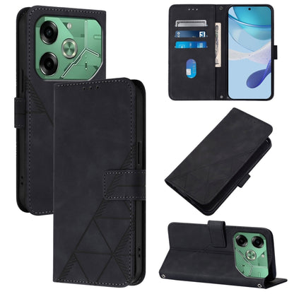 Black leather flip phone case with 3D embossed pattern, card slots, and kickstand