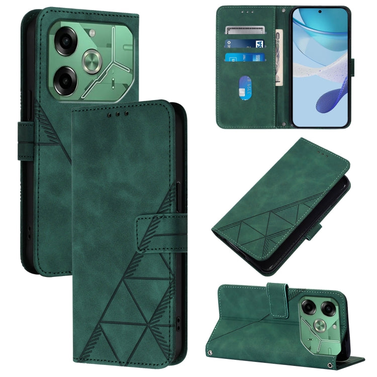 Dark green leather flip phone case with 3D embossed pattern, card slots, and kickstand