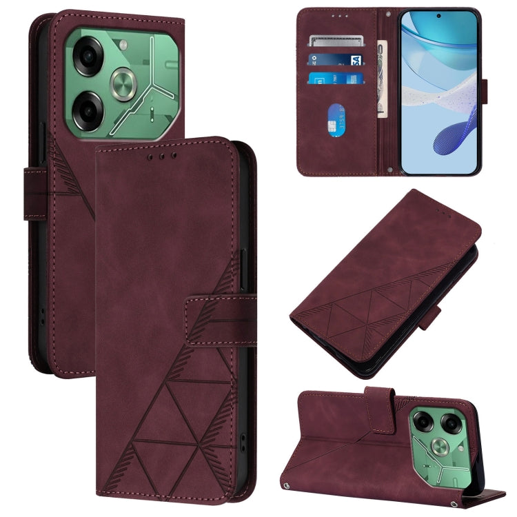 Wine red leather flip phone case with 3D embossed pattern, card slots, and kickstand