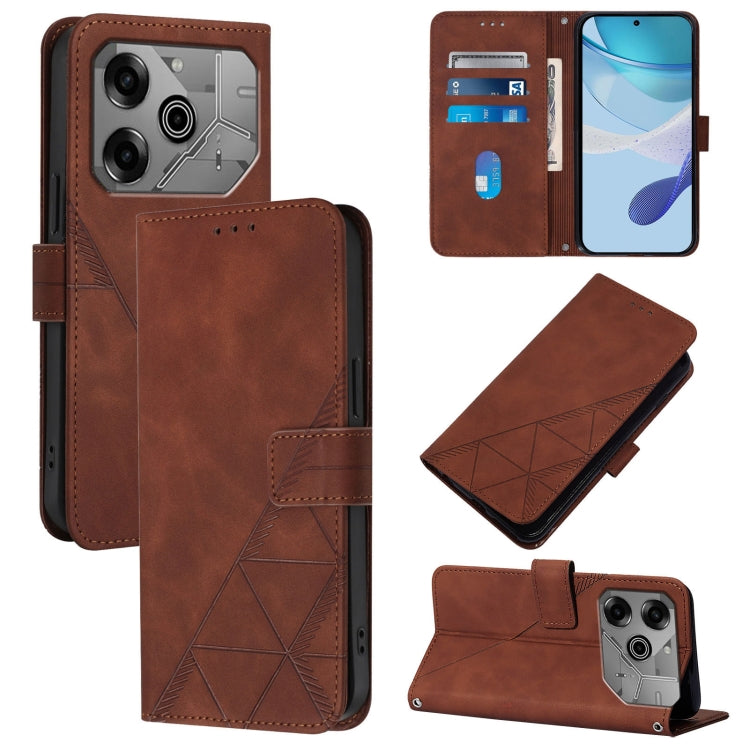 Brown leather flip phone case with embossed geometric panel, card slot, and camera lens cutouts
