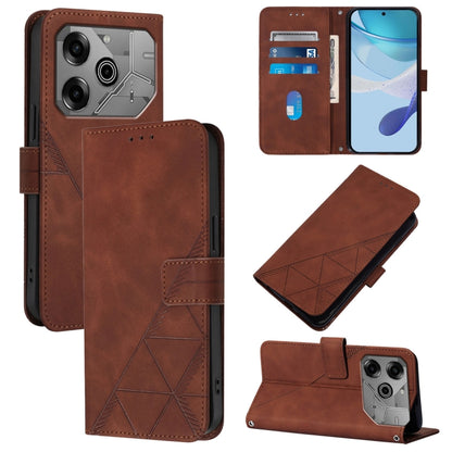 Brown leather flip phone case with embossed geometric panel, card slot, and camera lens cutouts