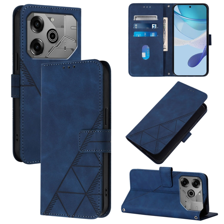 Blue leather flip phone case with embossed geometric detail, card holder, and camera lens cutouts
