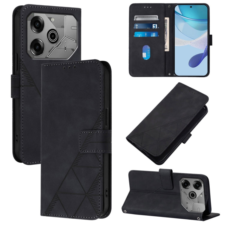 Black leather flip phone case with 3D embossed pattern, card slots, and stand cover