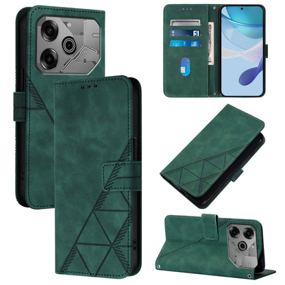 Dark green leather flip phone case with 3D embossed pattern, card slots, and stand cover