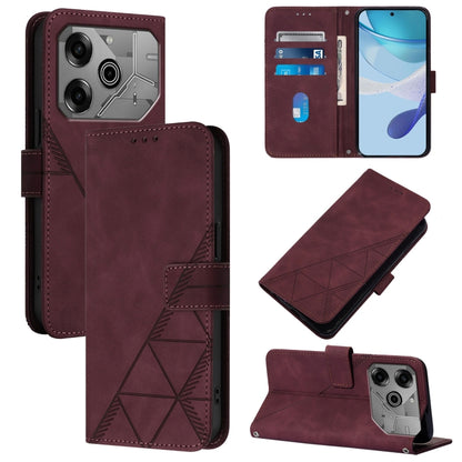 Wine red leather flip phone case with 3D embossed pattern, card slots, and stand cover