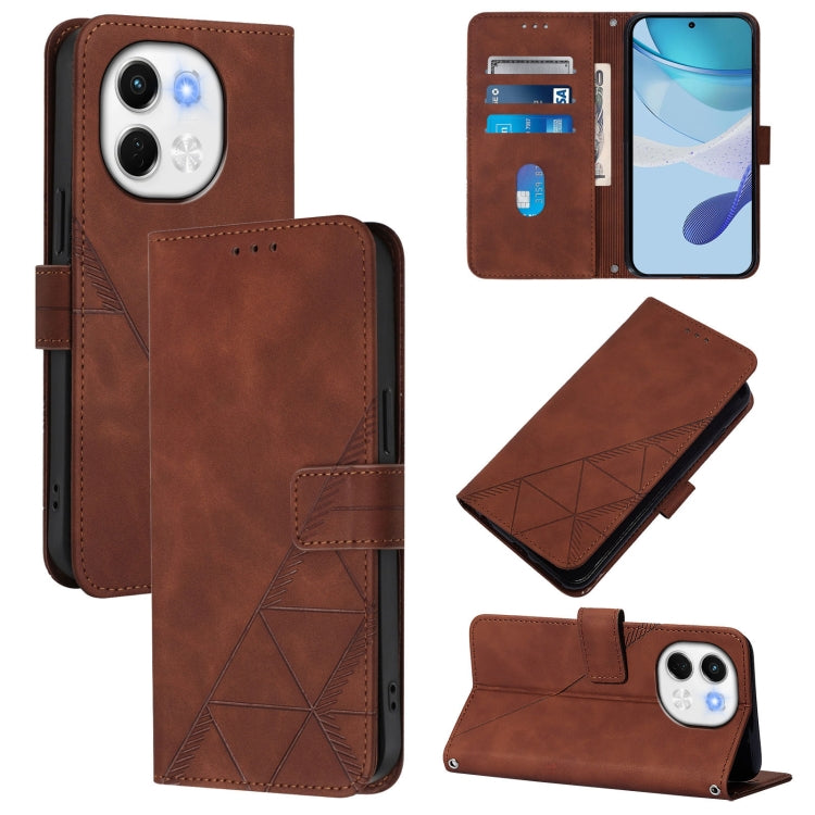 Brown leather flip phone case with embossed geometric pattern and camera cutout
