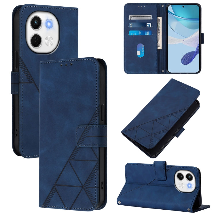 Blue leather flip phone case with embossed geometric pattern and camera cutout