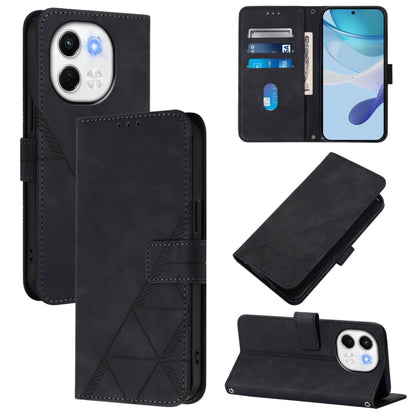 Black leather flip phone case with embossed geometric pattern and camera cutout