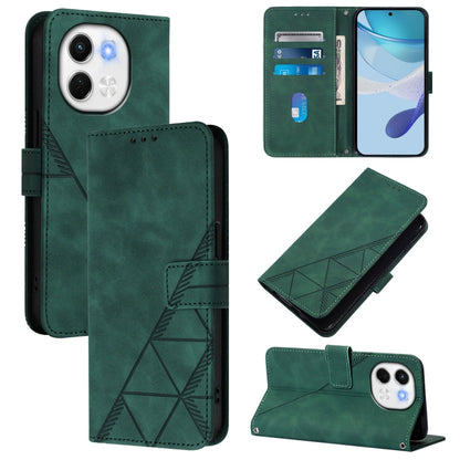 Green leather flip phone case with embossed geometric design, card holder, and cutout for cameras