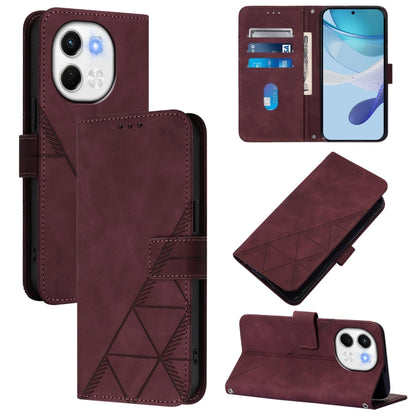 Maroon leather flip phone case with embossed geometric pattern, card slot, and camera cutout