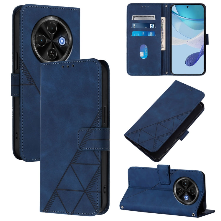 Blue leather flip phone case with embossed geometric pattern, card holder, and camera cutout