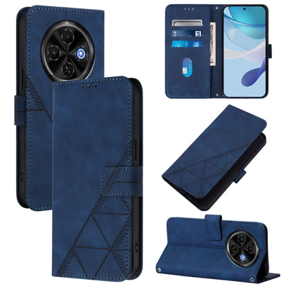Blue leather flip phone case with embossed geometric pattern, card holder, and camera cutout