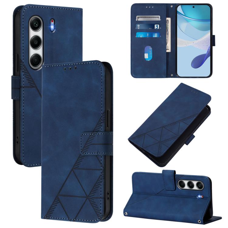 Blue leather flip phone case with geometric embossed pattern and card slots