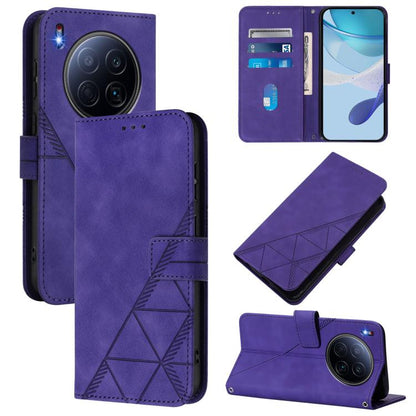Purple 3D embossed flip leather phone case with camera cutout and crossbody strap