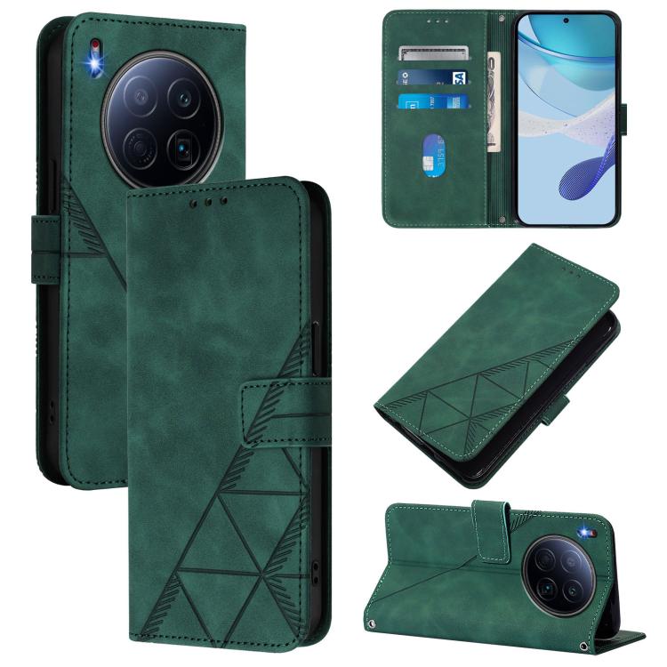 Dark green 3D embossed flip leather phone case with camera cutout and crossbody strap