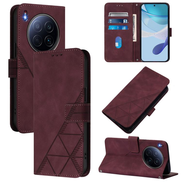Wine red 3D embossed flip leather phone case with camera cutout and crossbody strap