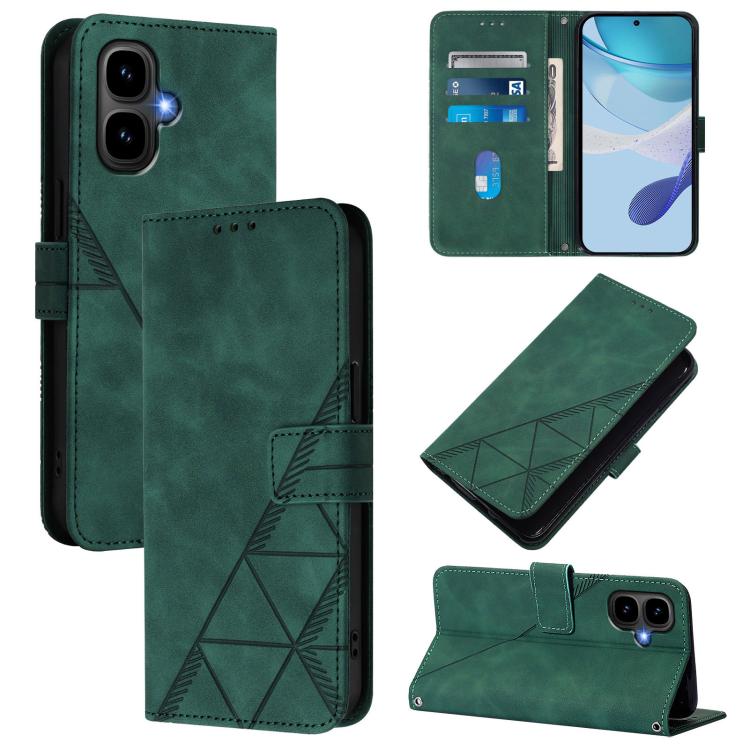 Green leather flip phone case with geometric embossed pattern and card slots