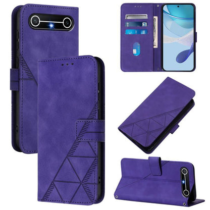 Purple crossbody flip leather phone case with embossed geometric design and strap loop