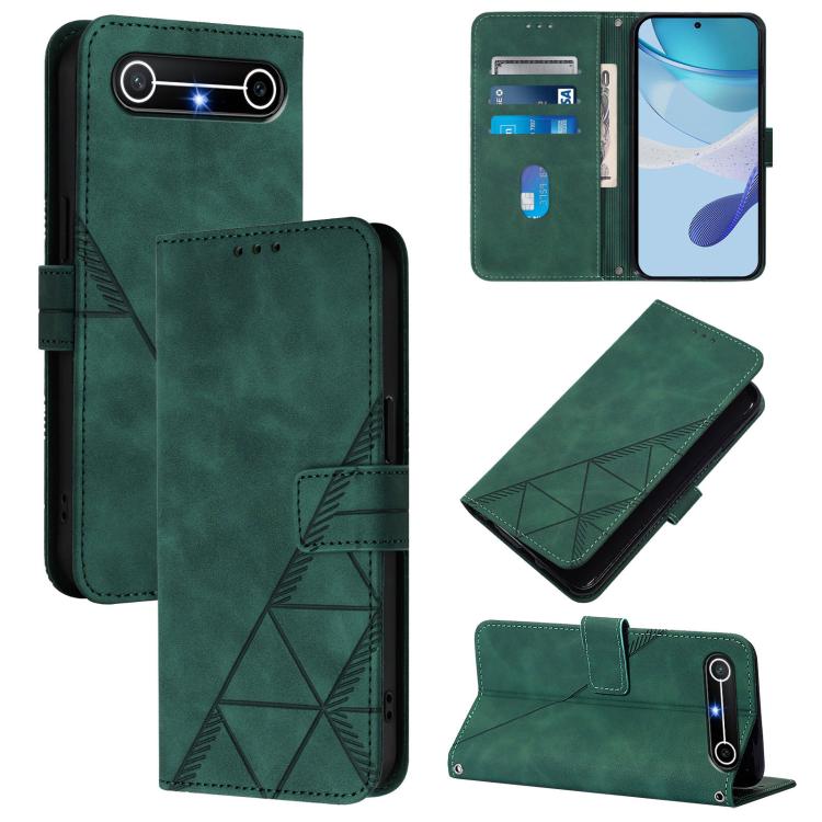 Green leather flip phone case with geometric embossed pattern and card slots