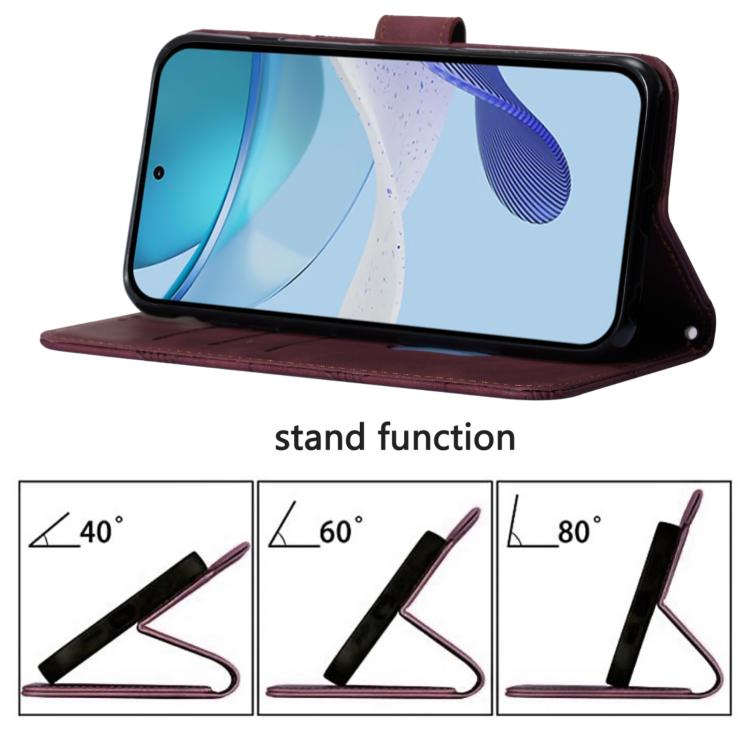 Brown leather flip phone case folded into stand for hands-free viewing