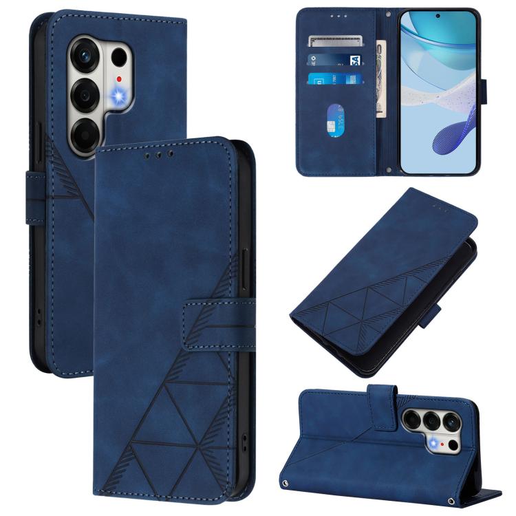 Blue crossbody flip leather phone case with geometric embossed design and card slots