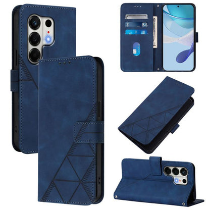 Blue crossbody flip leather phone case with geometric embossed design and card slots
