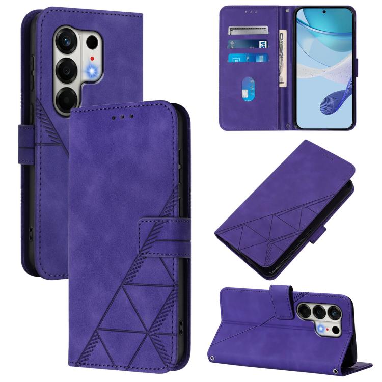 Purple crossbody flip leather phone case with embossed geometric design and wrist strap