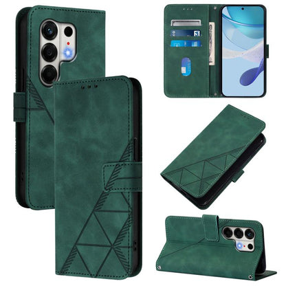 Dark green crossbody flip leather phone case with geometric embossed pattern and stand fold
