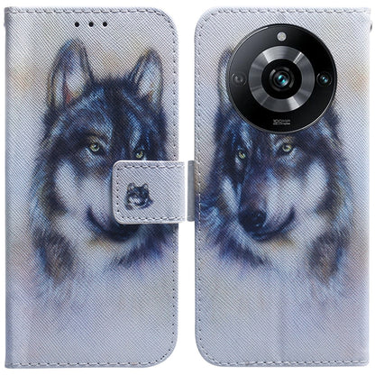 Flip leather phone case with blue wolf portrait illustration and foldover flap