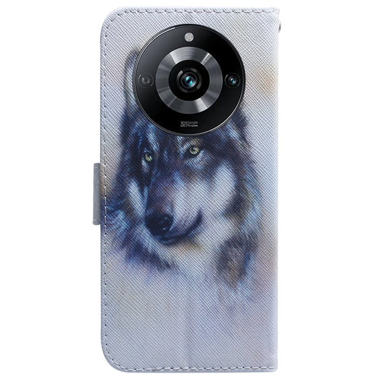 Flip leather phone case with blue wolf portrait and camera cutout on back