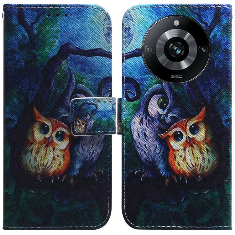 Flip leather phone case with owl illustration and camera cutout on back