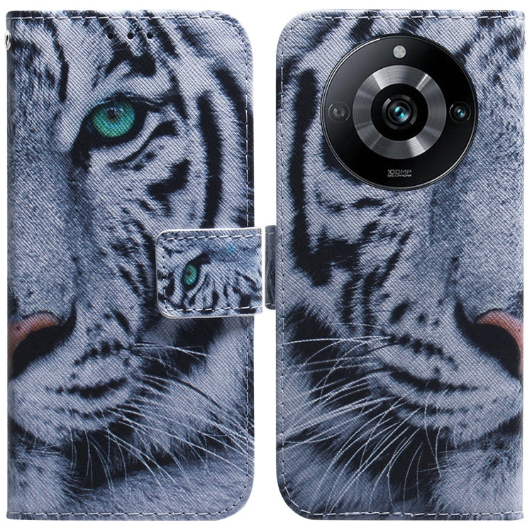 Flip leather phone case with white-and-blue tiger face illustration