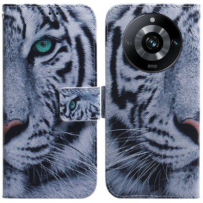 Flip leather phone case with white-and-blue tiger face illustration