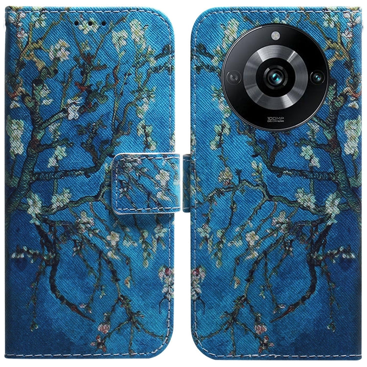 Flip leather phone case with blue branch pattern and camera cutout on back