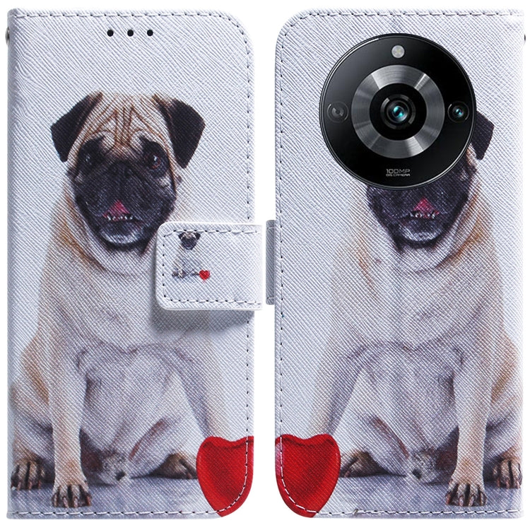 Flip leather phone case with dark dog portrait illustration and foldover flap