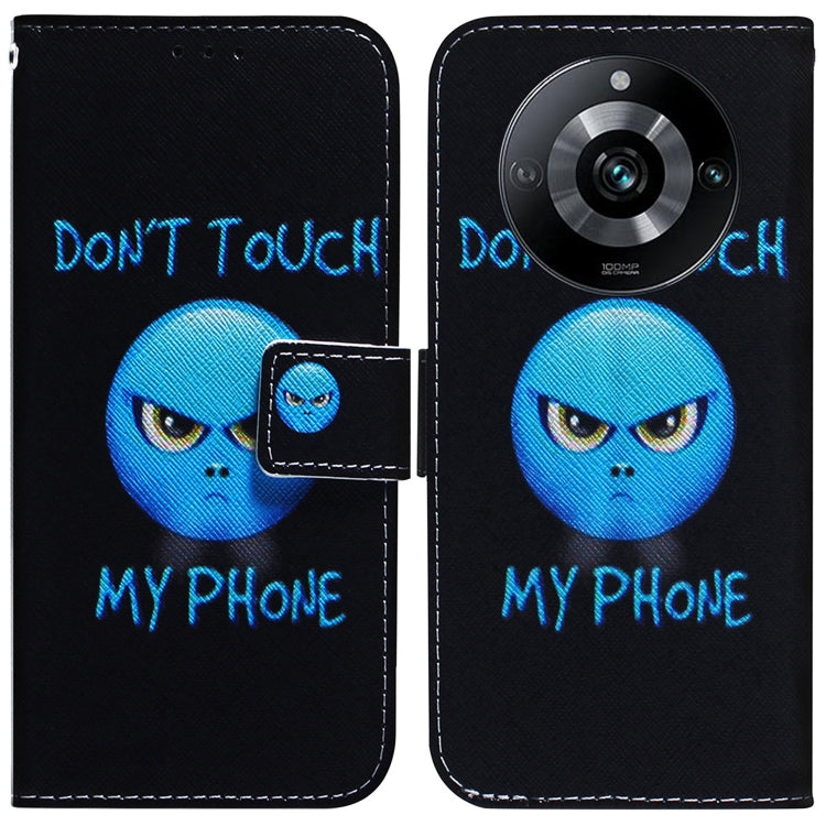 Black flip leather phone case with blue cartoon face and “DONT TOUCH MY PHONE”