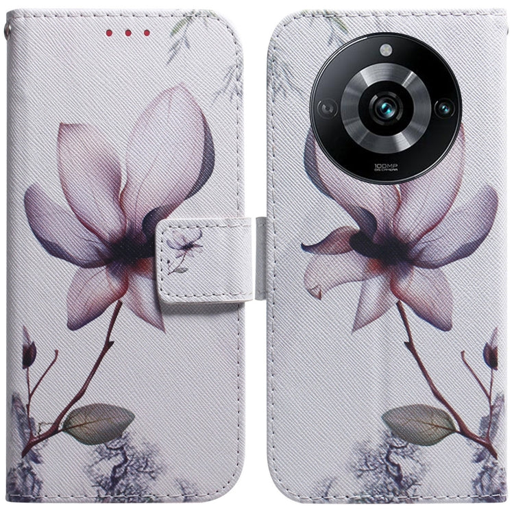 White magnolia flower print flip leather phone case with magnetic wallet flap and card slot