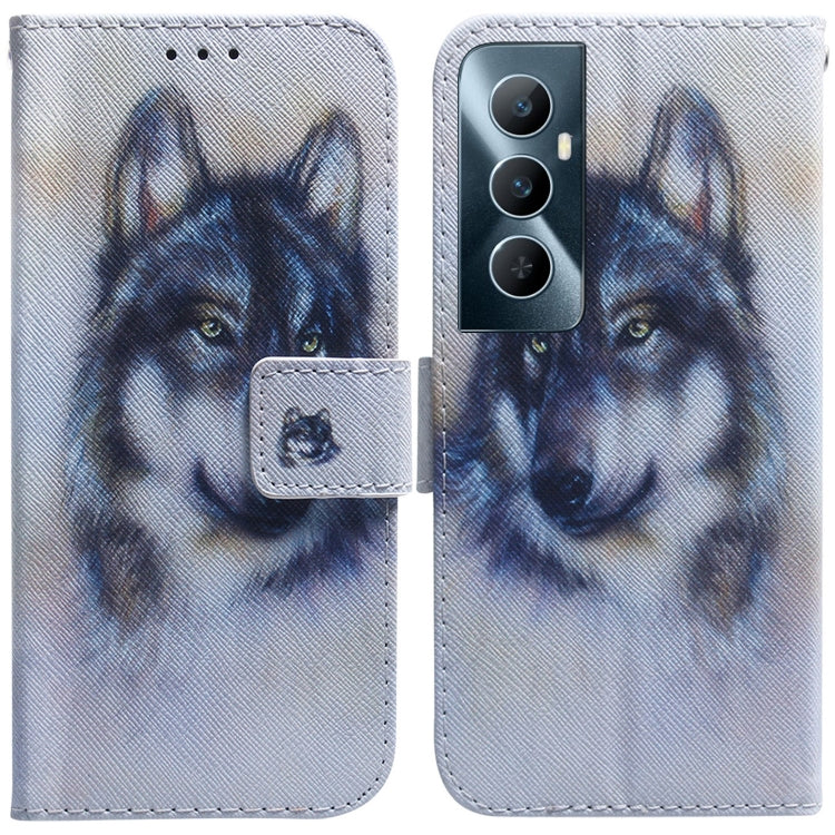 Flip leather phone case with light blue wolf portrait print and magnetic flip cover