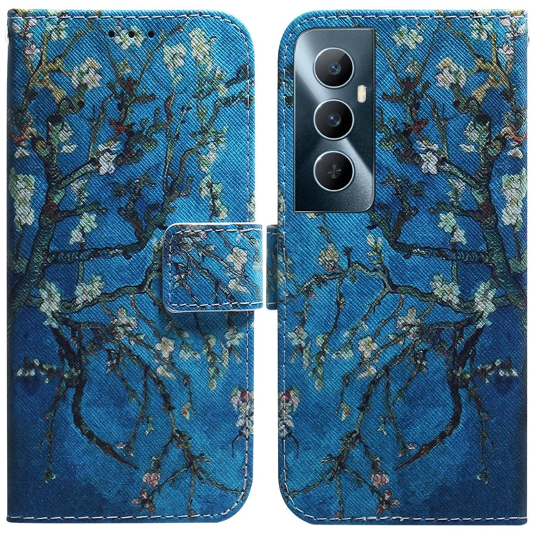 Flip leather phone case with blue branch and floral pattern and magnetic flip cover