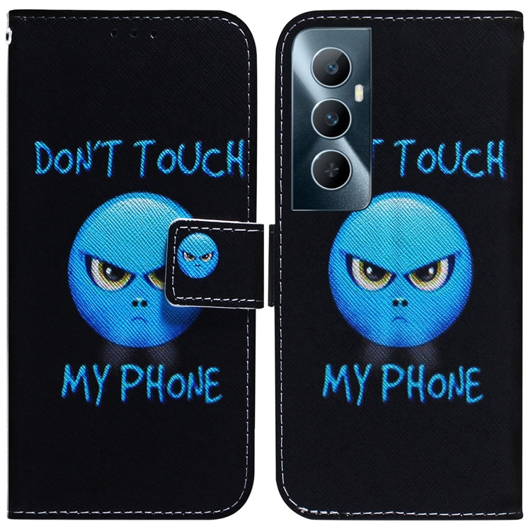 Black flip leather phone case with blue cat face and “Don't touch my phone” text
