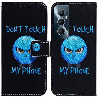 Black flip leather phone case with blue cat face and “Don't touch my phone” text