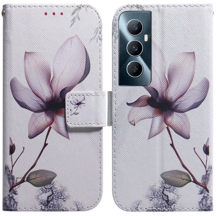 Light gray flip leather phone case with pink magnolia flower print and card slot