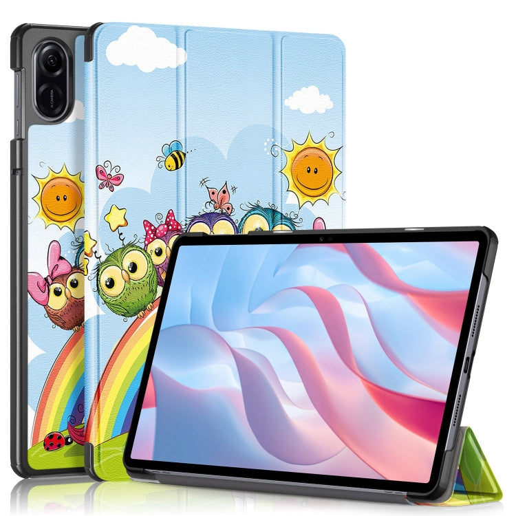 3-fold tablet case with light blue unicorn, animals, and rainbow illustration