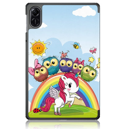 3-fold tablet case with light blue unicorn and forest animals over rainbow