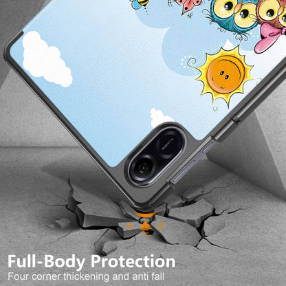 3-fold light blue tablet case with unicorn and bee illustration on fold cover